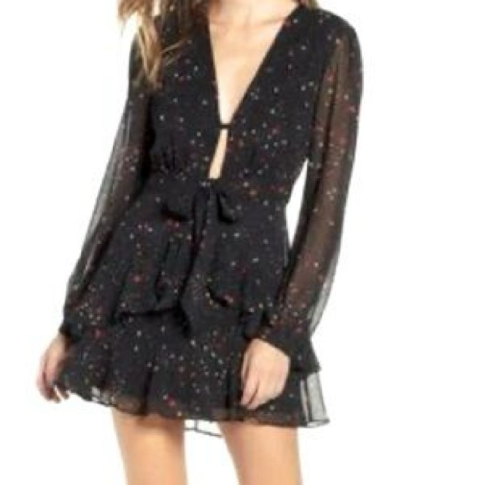 LUSH BLACK PLUNGE NECKLINE RUFFLE SKIRT LONG SLEEVE STAR PATTERN MINI DRESS